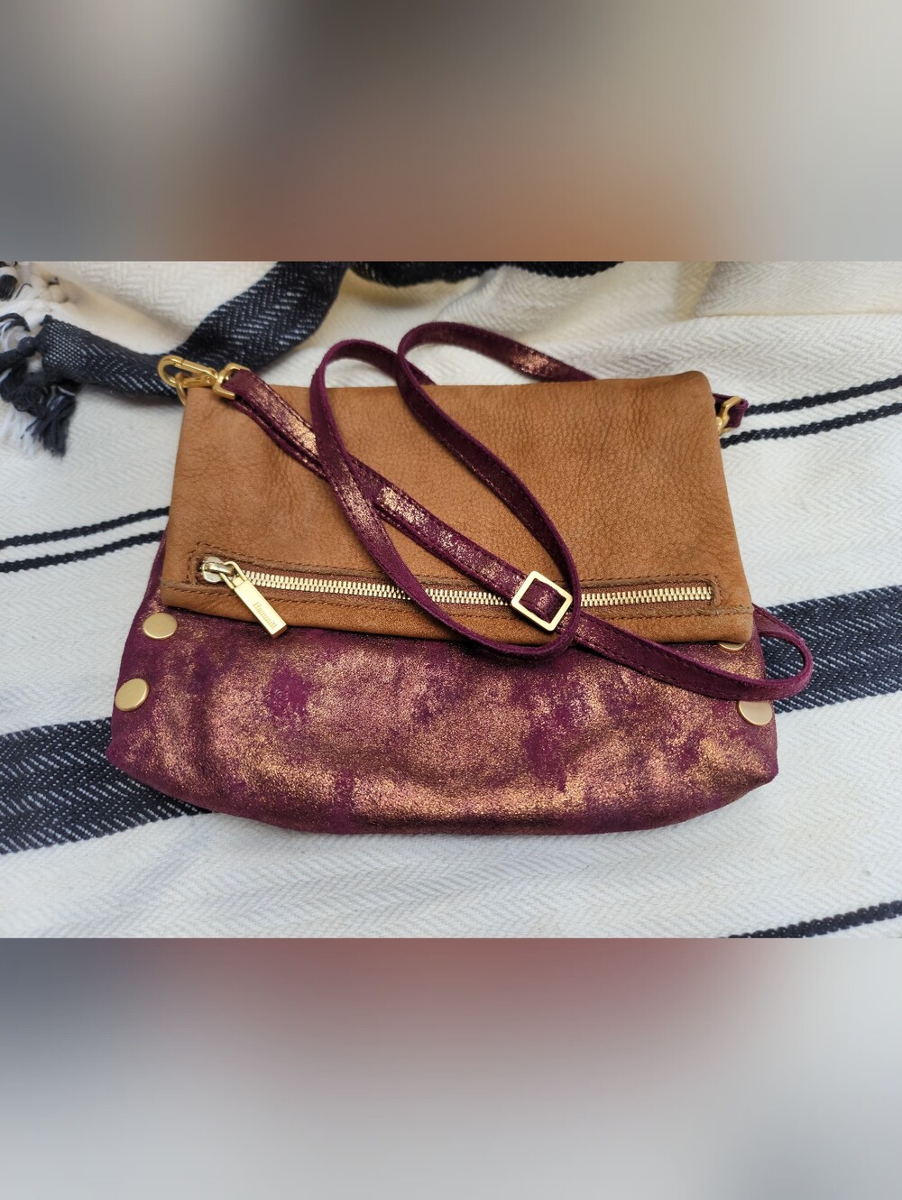 Hammit Leather Fold-Over Crossbody Bag in Brown and Plum with Gold Accents - Picture 15 of 15